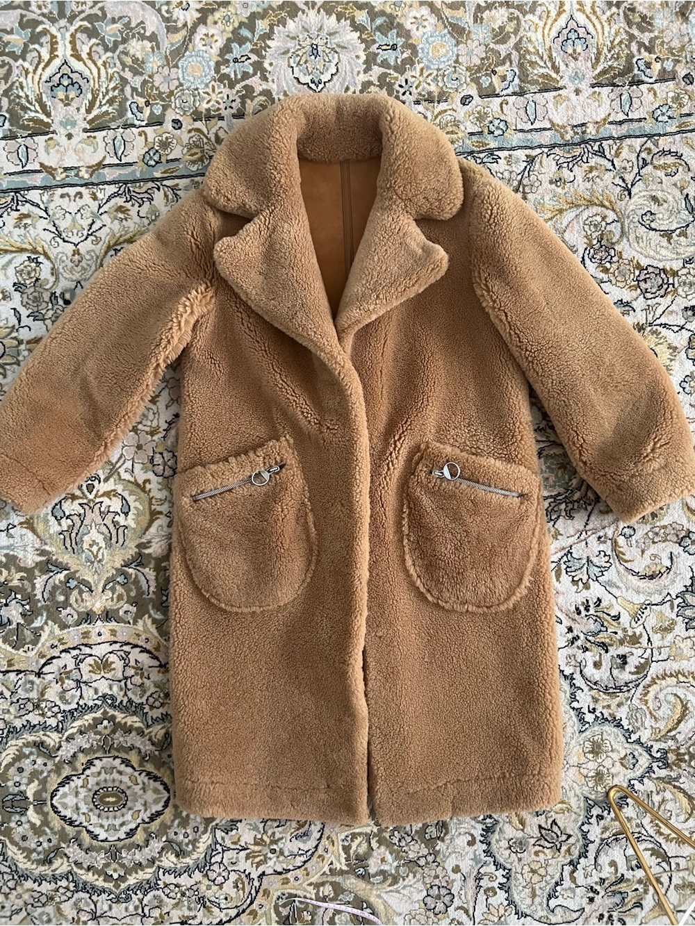 The Arrivals 100% shearling fur Teddy Camel brown coat Jacket s small oversized